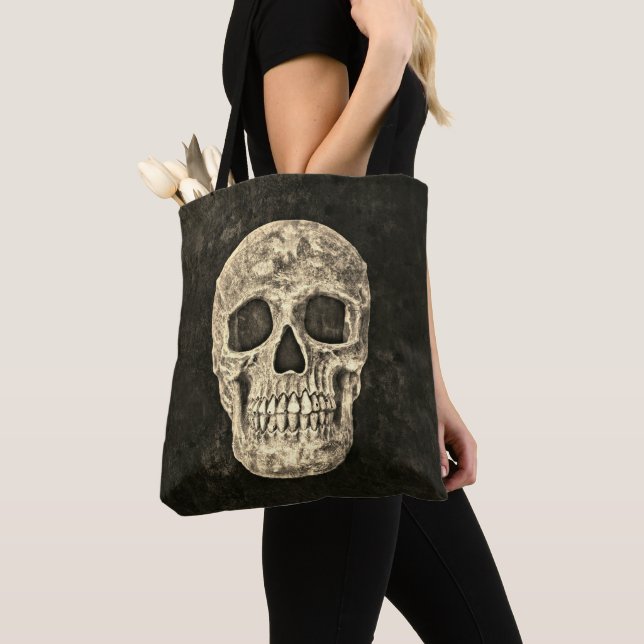 Gothic Human Skull Beige Black Old Grunge Texture Tote Bag (Close Up)