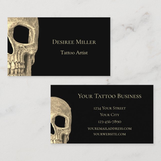 Gothic Human Skull Face Beige Black Tattoo Shop Business Card (Front/Back)