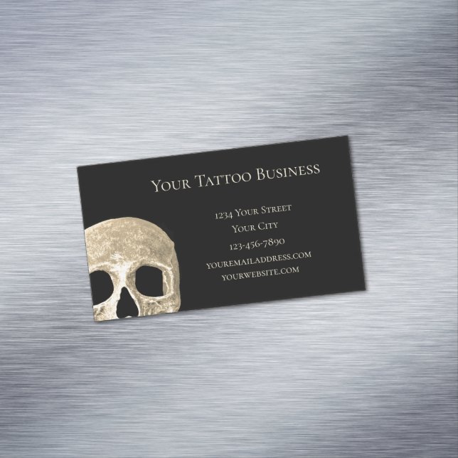 Gothic Human Skull Face Black Beige Tattoo Shop Magnetic Business Card (In Situ)