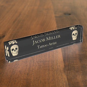 Gothic Human Skull Head Black Beige Tattoo Shop Nameplate
