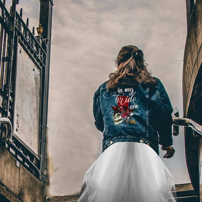 Gothic In My Bride Era Skull Red Top Hat Wedding Denim Jacket (In my Bride Era Personalized Denim Jacket for Brides Gothic Skull with Top Hat Wedding Women Jacket)