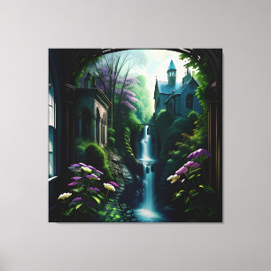Gothic Inside Mansion Surreal Waterfall 7 Canvas Print