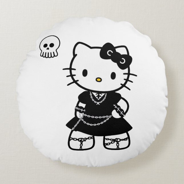 Gothic Kawaii Kitty – Emo Aesthetic Round Throw Pi Cushion (Front)