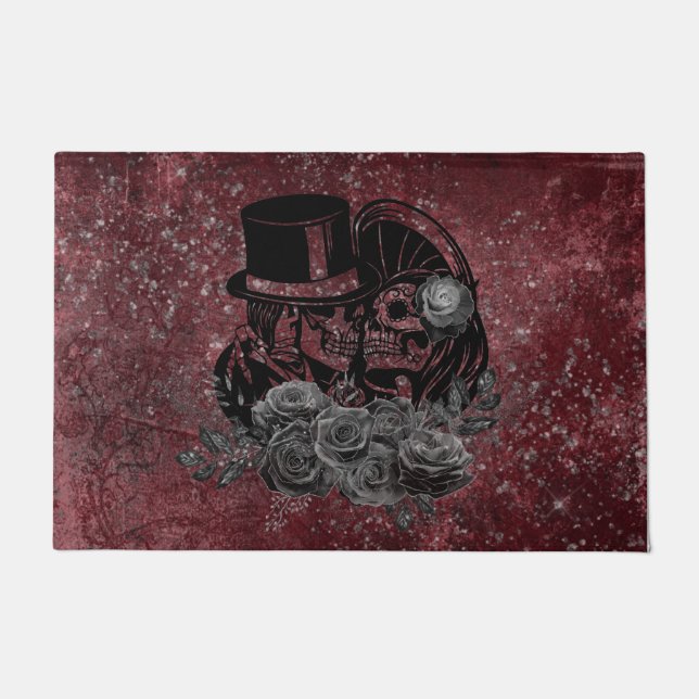 Gothic Kissing Skulls Couple And Blood Red Eternal Doormat (Front)