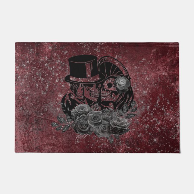 Gothic Kissing Skulls Couple And Blood Red Eternal Doormat (Front)