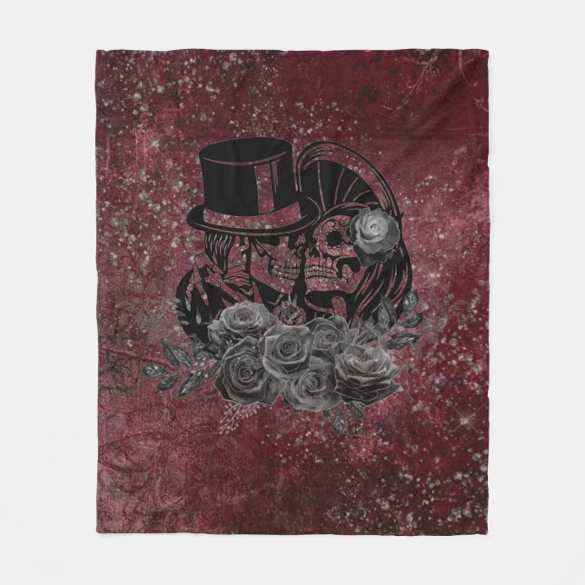 Gothic Kissing Skulls Couple And Blood Red Eternal Fleece Blanket (Front)
