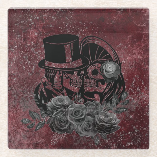 Gothic Kissing Skulls Couple And Blood Red Eternal Glass Coaster (Front)