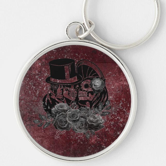 Gothic Kissing Skulls Couple And Blood Red Eternal Key Ring (Front)