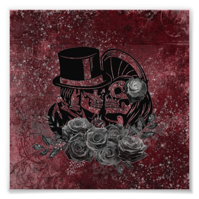 Gothic Kissing Skulls Couple And Blood Red Eternal Photo Print (Front)