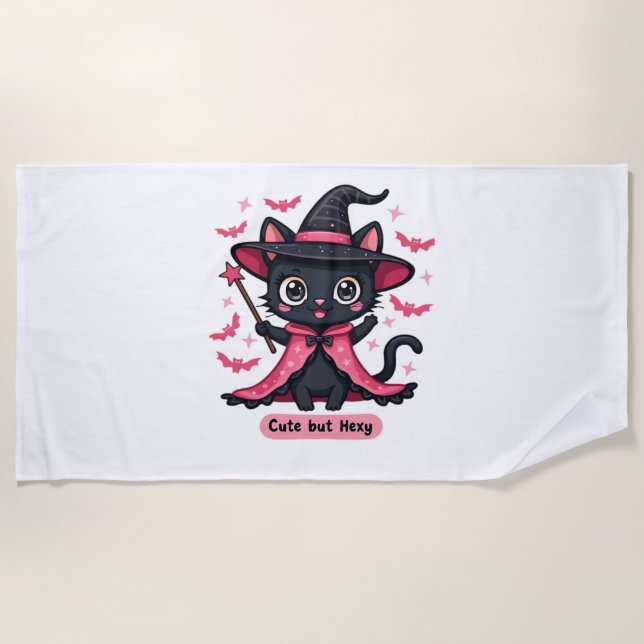 Gothic kitten in pink – sweet, but bewitched Overs Beach Towel (Front)