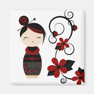 Gothic Kokeshi and Flowers Magnet