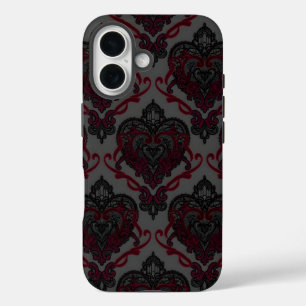 Gothic Lace Heart Damask — Red & Black Phone Case