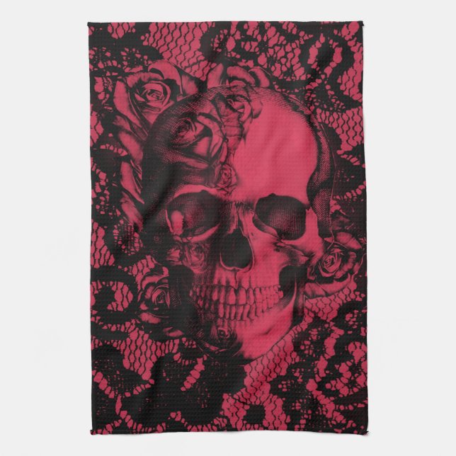 Gothic lace skull in red and black tea towel (Vertical)