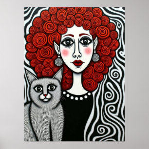 Gothic Lady and Cat Spiral Hair Red Black White Poster