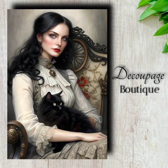 Gothic Lady Black Cat Decoupage Tissue Paper (Gothic Lady Black Car Decoupage Tissue Paper)