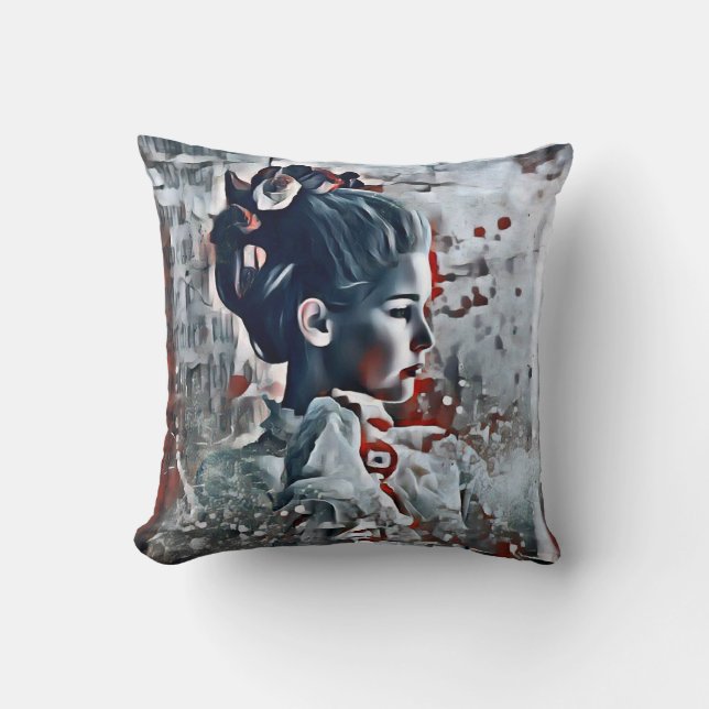 Gothic Lady Elegant Victorian Grey, Red and Black Cushion (Front)
