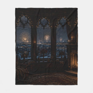 Gothic Library Hall Fireplace Night Fleece Blanket