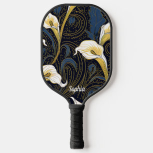 Gothic Lily Floral Black Blue White Monogram  Pickleball Paddle