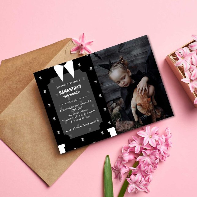Gothic Little girl in black dress Birthday Photo Invitation (Creator Uploaded)