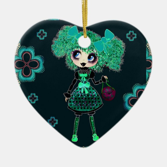 Gothic Lolita child emerald and black Ceramic Tree Decoration (Front)