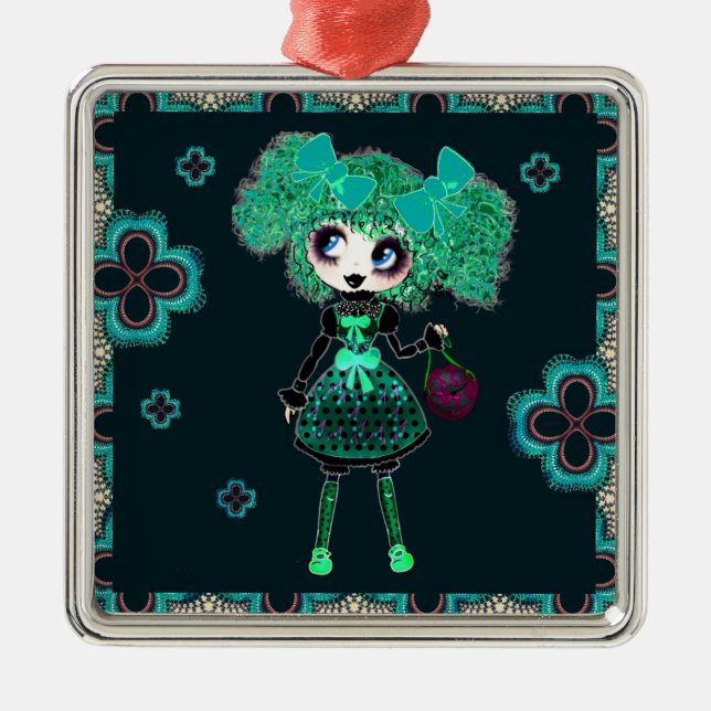 Gothic Lolita child emerald and black Metal Tree Decoration (Front)