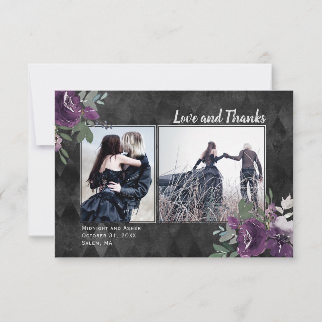 Gothic Love and Thanks Two Photo Wedding Thank You Card (Front)