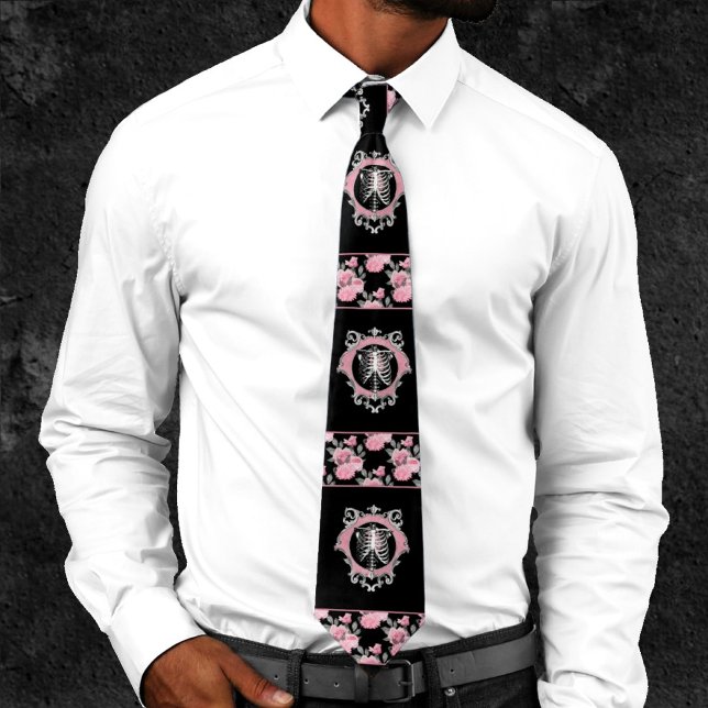 Gothic Love | Pink and Black Skeleten Heart Floral Tie (Creator Uploaded)