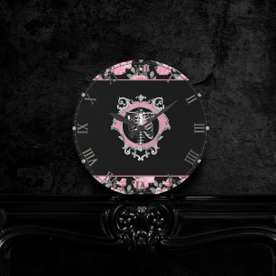 Gothic Love   Pink and Black Skeleten Heart Round Clock