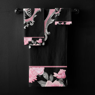 Gothic Love   Pink and Black Skeleton Heart Floral Bath Towel Set