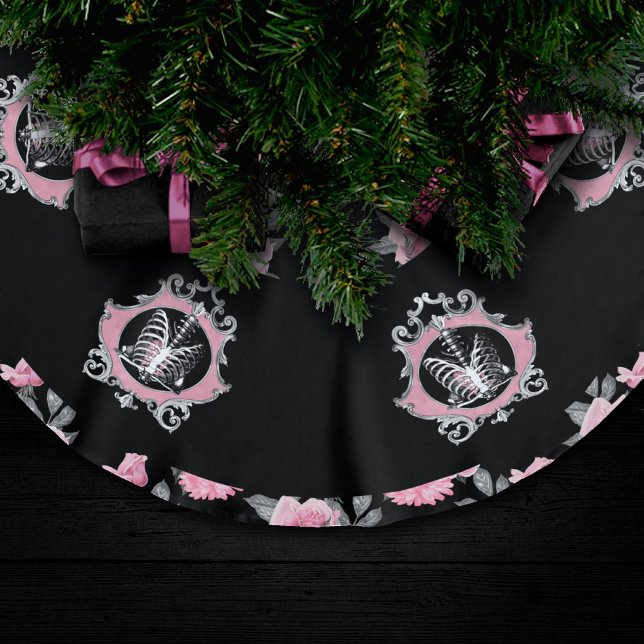 Gothic Love | Pink and Black Skeleton Heart Floral Brushed Polyester Tree Skirt (Creator Uploaded)