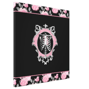 Gothic Love   Pink and Black Skeleton Heart Floral Canvas Print