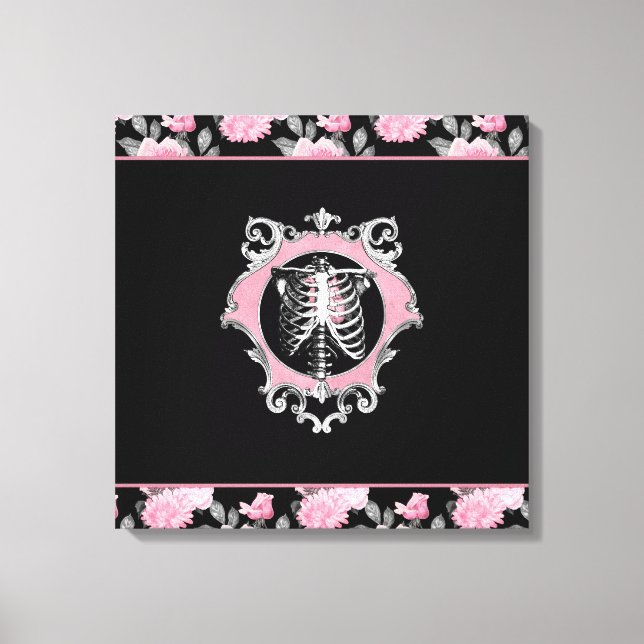 Gothic Love | Pink and Black Skeleton Heart Floral Canvas Print (Front)