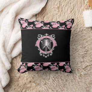 Gothic Love   Pink and Black Skeleton Heart Floral Cushion