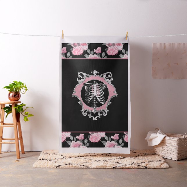 Gothic Love | Pink and Black Skeleton Heart Floral Fabric (In Situ)