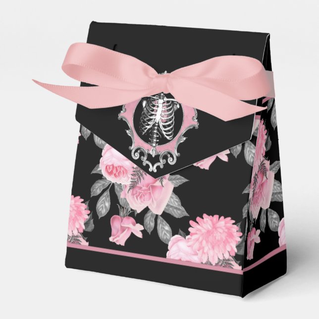 Gothic Love | Pink and Black Skeleton Heart Floral Favour Box (Front Side)