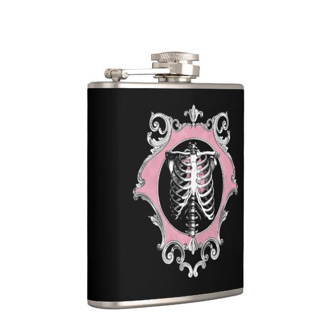 Gothic Love | Pink and Black Skeleton Heart Floral Hip Flask (Right)