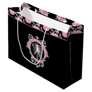 Gothic Love   Pink and Black Skeleton Heart Floral Large Gift Bag