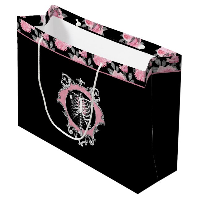 Gothic Love | Pink and Black Skeleton Heart Floral Large Gift Bag (Front Angled)