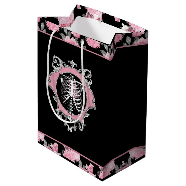 Gothic Love | Pink and Black Skeleton Heart Floral Medium Gift Bag (Back Angled)