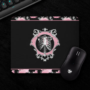 Gothic Love   Pink and Black Skeleton Heart Floral Mouse Mat