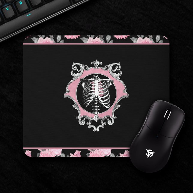 Gothic Love | Pink and Black Skeleton Heart Floral Mouse Mat (Creator Uploaded)