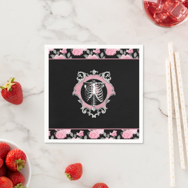 Gothic Love | Pink and Black Skeleton Heart Floral Napkin (Insitu)