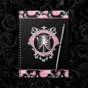 Gothic Love Pink and Black Skeleton Heart Floral Notebook