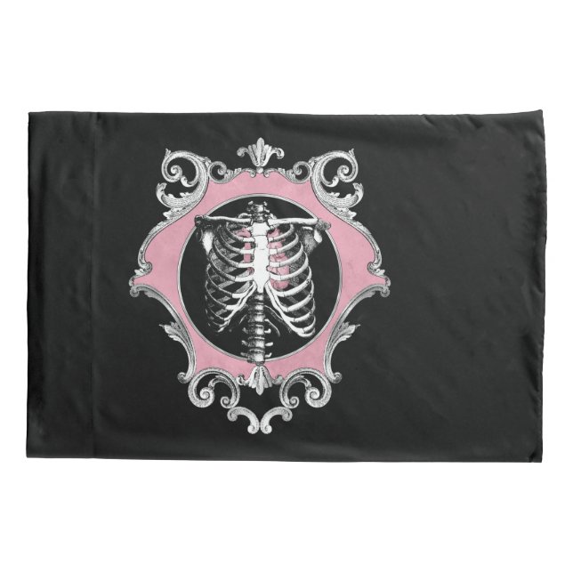 Gothic Love | Pink and Black Skeleton Heart Floral Pillowcase (Back)