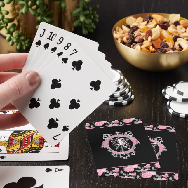 Gothic Love | Pink and Black Skeleton Heart Floral Playing Cards (In Situ)