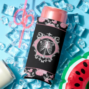 Gothic Love   Pink and Black Skeleton Heart Floral Seltzer Can Cooler