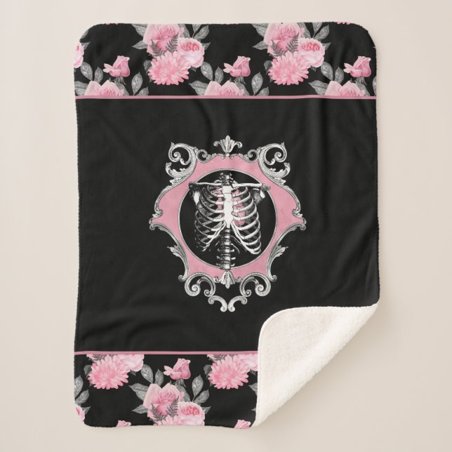 Gothic Love | Pink and Black Skeleton Heart Floral Sherpa Blanket (Front)