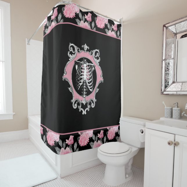 Gothic Love | Pink and Black Skeleton Heart Floral Shower Curtain (In Situ)