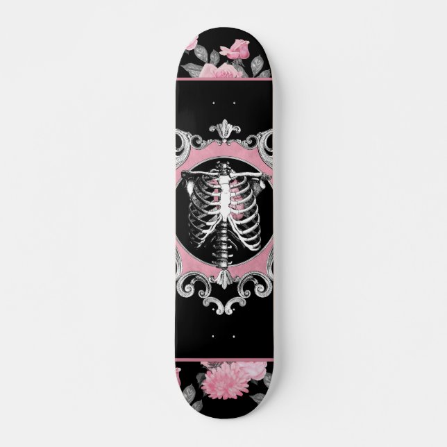 Gothic Love | Pink and Black Skeleton Heart Floral Skateboard (Front)