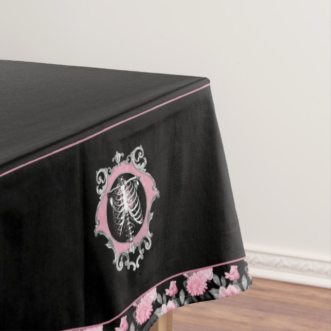 Gothic Love | Pink and Black Skeleton Heart Floral Tablecloth (In Situ)